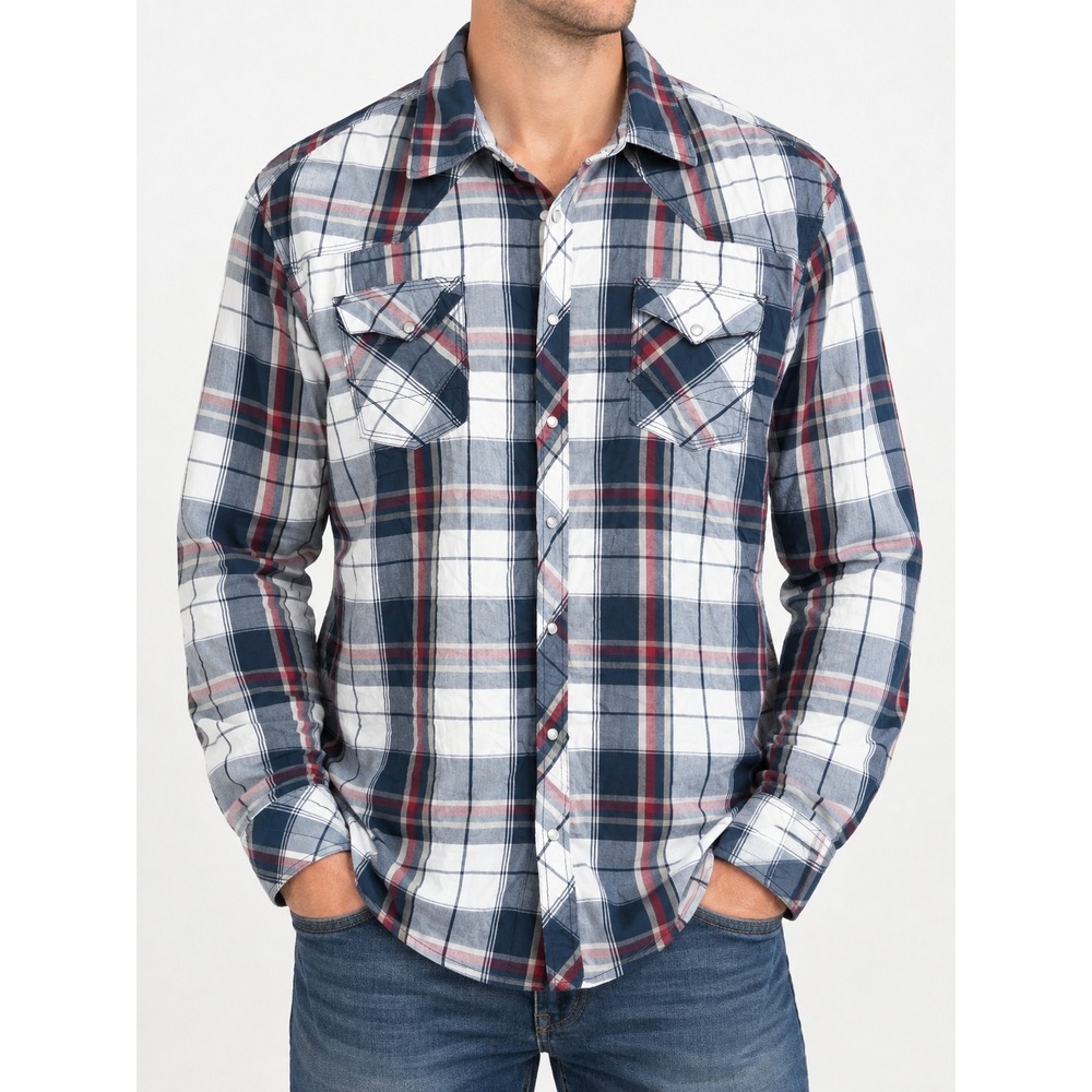 Reclaim Mens XXL Plaid Western Shirt Athletic Fit Blue White Red Snap Pockets
